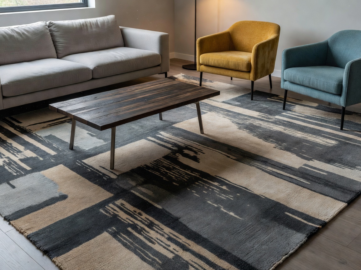Asymmetric placement of a coffee table and rug