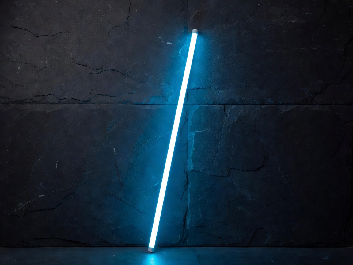 Bright neon tube leaning against a dark slate wall