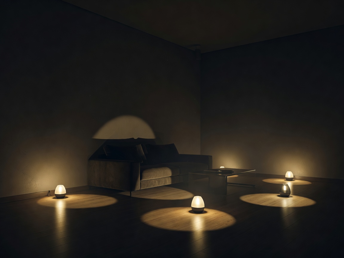 Dark room illuminated only by low floor lamps