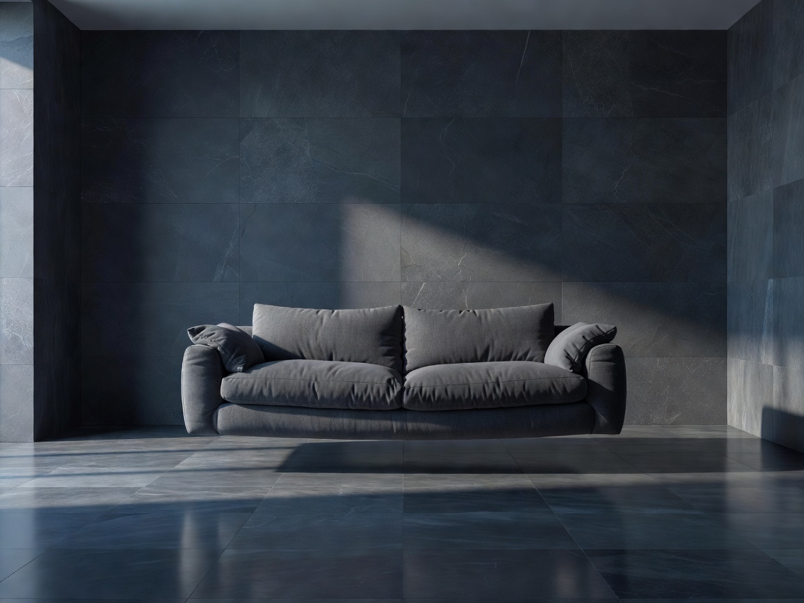 Floating sofa in the middle of a slate living room