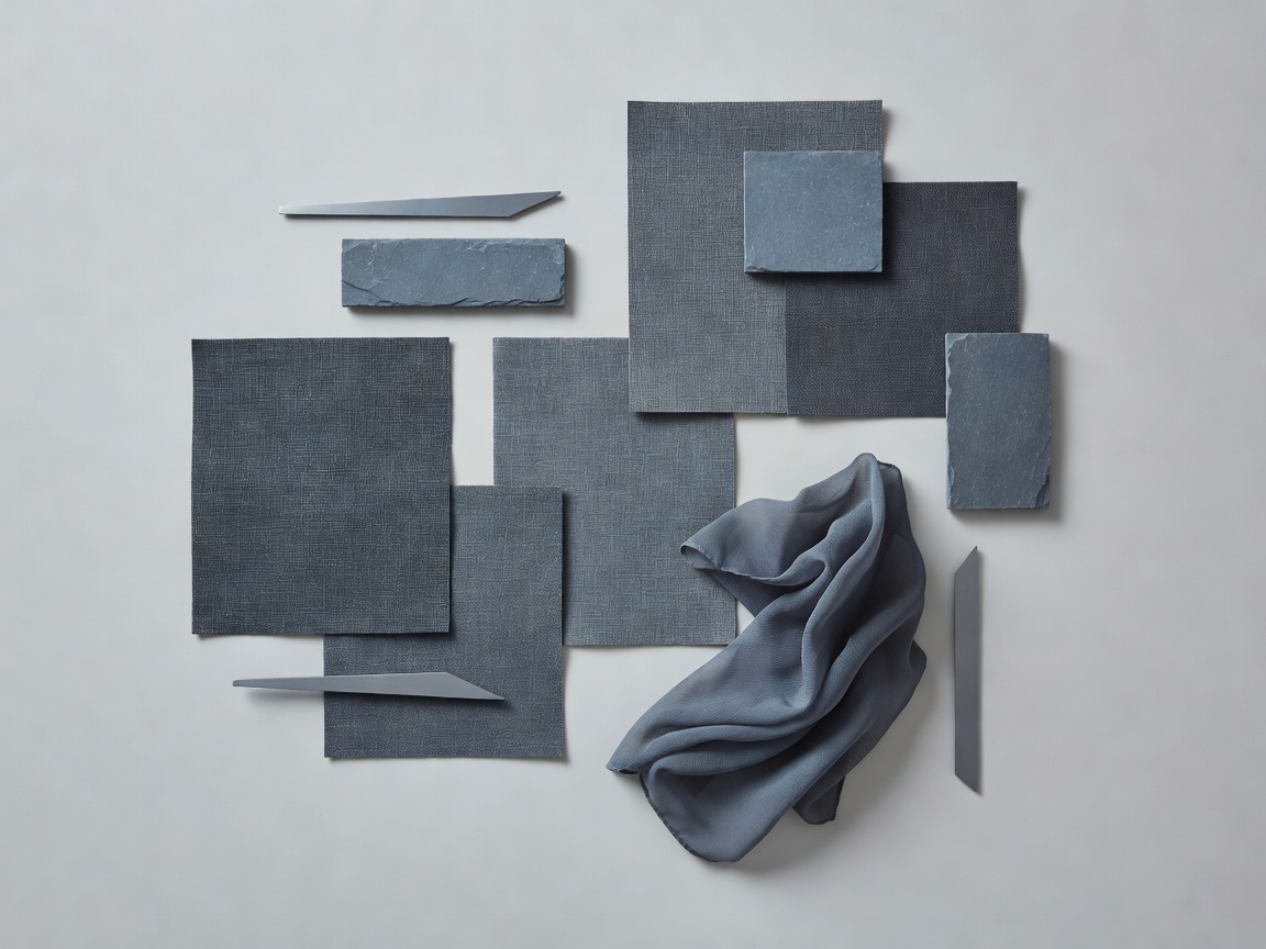 Minimalist mood board with fabric swatches and slate tones