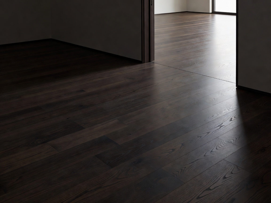 Room transition showing continuous dark flooring